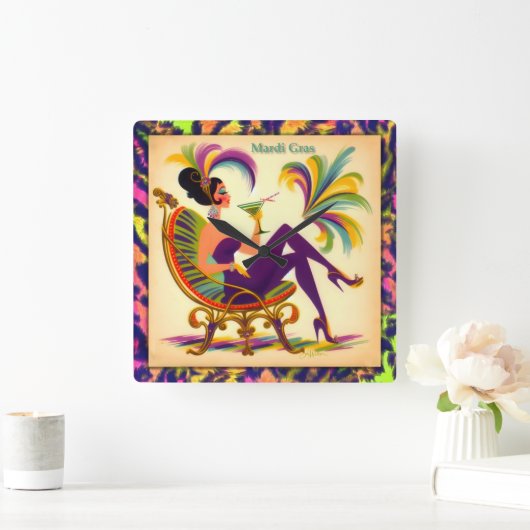 ミッドセンチュリー未来的マルディグラスマルティーニ女性 スクエア壁時計 (ホーム)