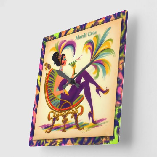 ミッドセンチュリー未来的マルディグラスマルティーニ女性 スクエア壁時計 (傾斜)