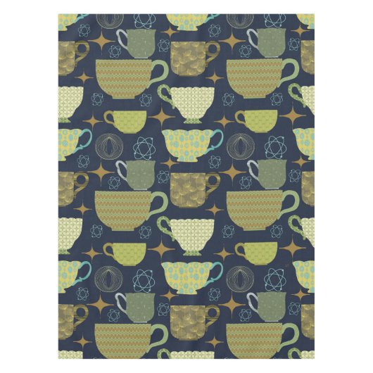 ミッドセンチュリー海軍ブルーティーカップパターン テーブルクロス (正面)