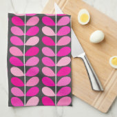 ミッドセンチュリー葉デンマーク明るい赤紫色、ピンクとグレー キッチンタオル (四つ折り)