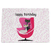 ミッドセンチュリー誕生日ネコのピンクチェア水玉模様 ラージペーパーバッグ (正面)