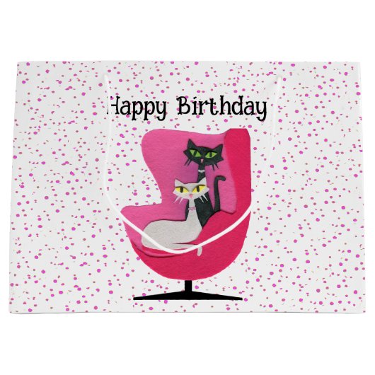 ミッドセンチュリー誕生日ネコのピンクチェア水玉模様 ラージペーパーバッグ (正面)