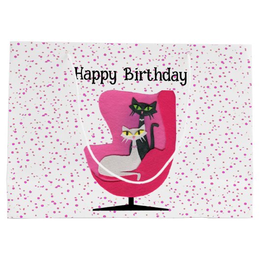 ミッドセンチュリー誕生日ネコのピンクチェア水玉模様 ラージペーパーバッグ (裏面)