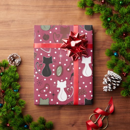 ミッドセンチュリー赤いハートネコ ラッピングペーパー (クリスマスギフト)