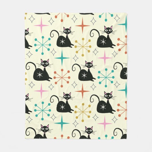 ミッドセンチュリー黒猫とスターバスト フリースブランケット (正面)