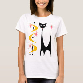 ミッドセンチュリー・アトミック柄の猫 黄色いブーメラン Tシャツ