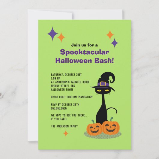 ミッドセンチュリー・アトミック・ハロウィン・キャット 招待状 (正面)