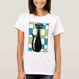 ミッドセンチュリー・キャットとグリーンとティールの長方形 Tシャツ