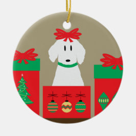 ミッドセンチュリー・クリスマスの箱の中の犬 セラミックオーナメント