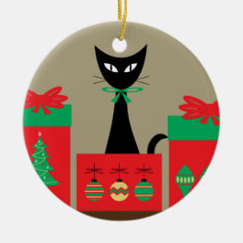 ミッドセンチュリー・クリスマスの箱入り猫 セラミックオーナメント