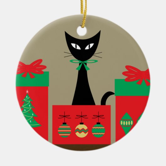 ミッドセンチュリー・クリスマスの箱入り猫 セラミックオーナメント (正面)