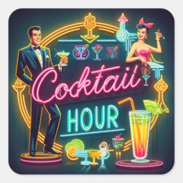 ミッドセンチュリー・ネオンサイン　カクテルタイムのカップル スクエアシール
