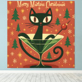 ミッドセンチュリー ブラックキャット マーティニ クリスマス キャンバスプリント (インサイチュ (ウッドフロア))