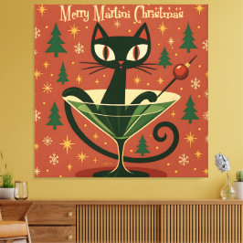 ミッドセンチュリー ブラックキャット マーティニ クリスマス キャンバスプリント