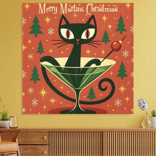 ミッドセンチュリー ブラックキャット マーティニ クリスマス キャンバスプリント (インサイチュ (リビング))
