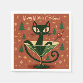 ミッドセンチュリー ブラックキャット マーティーニ クリスマス スタンダードカクテルナプキン