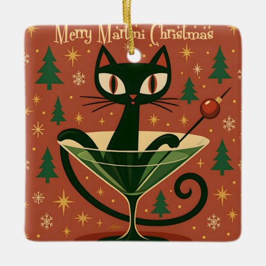 ミッドセンチュリー ブラックキャット メリーマティーニ クリスマス セラミックオーナメント (正面)