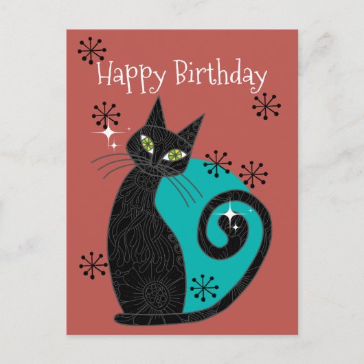 ミッドセンチュリー モダン アトミック キャット レトロ ハッピーバースデー ポストカード (正面)