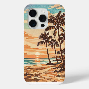 ミッドセンチュリー・モダン ビーチ ハワイ 夕日 ヤシの木 iPhone 15 PROケース