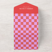 ミッドセンチュリー モダン レッド ピンク アーチ ジオメトリック ウェディング オールインワン招待状 (外側)