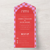 ミッドセンチュリー モダン レッド ピンク アーチ ジオメトリック ウェディング オールインワン招待状 (内側)