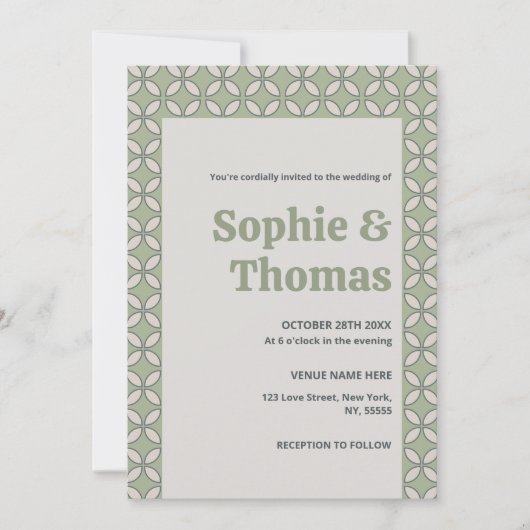 ミッドセンチュリー モダン レトロ ウェディング オリーブグリーン 招待状 (正面)
