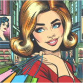 ミッドセンチュリー レトロな婦人と買い物袋 シール (正面)