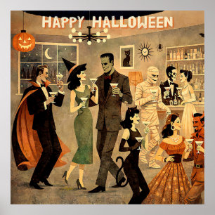 ミッドセンチュリー・レトロの40年代ハロウィン・マティーニパーティー ポスター
