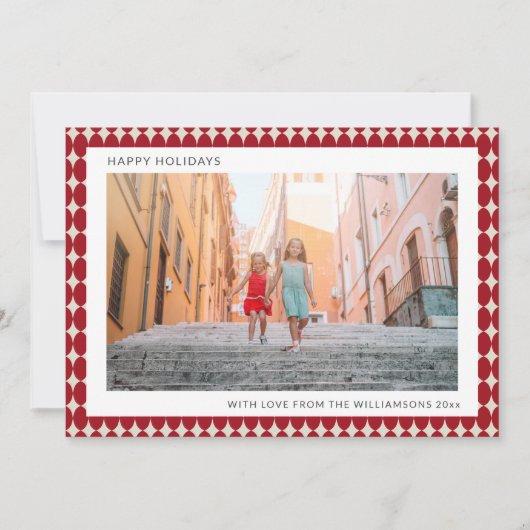 ミッドセンチュリー レトロ 赤い飾り玉 2枚の写真のクリスマス シーズンカード (正面)