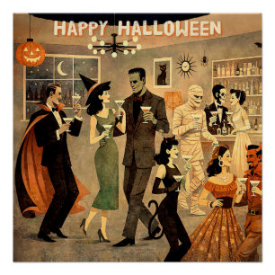 ミッドセンチュリー・レトロ 40年代 ハロウィン・マティーニ・パーティー ポスター
