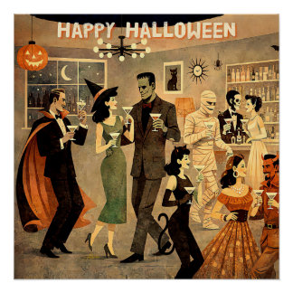 ミッドセンチュリー・レトロ 40年代 ハロウィン・マティーニ・パーティー ポスター