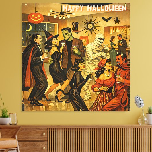 ミッドセンチュリー・レトロ 50年代 ハロウィン・マーティニ・パーティ キャンバスプリント (インサイチュ (リビング))