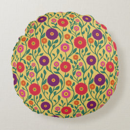 ミッドセンチュリー ヴィネ フラワー | ガーデン ガーランド イエロー ラウンドクッション