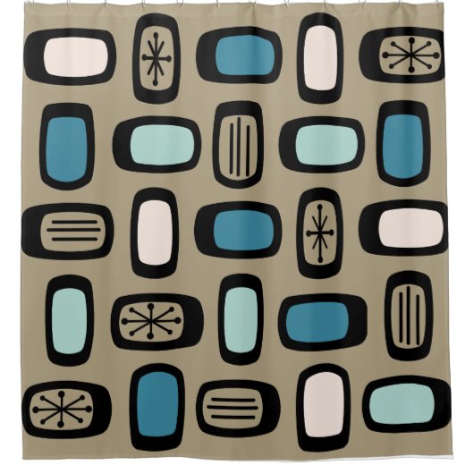 ミッドセンチュリーMCM丸長方形金ゴールド青 シャワーカーテン (正面)