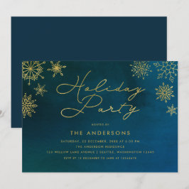 ミッドナイトウォーターカラー金ゴールドスノーフレークホリデーパーティー 招待状