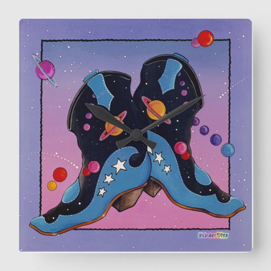 ミッドナイトカウボーイウェスタンブーツウォールクロック スクエア壁時計 (正面)