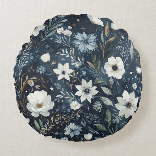 ミッドナイトガーデンドリーム – ネイビーブルーウォーターカラーフローラ ラウンドクッション (正面)