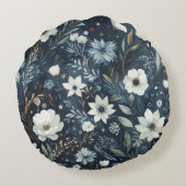 ミッドナイトガーデンドリーム – ネイビーブルーウォーターカラーフローラ ラウンドクッション (裏面)