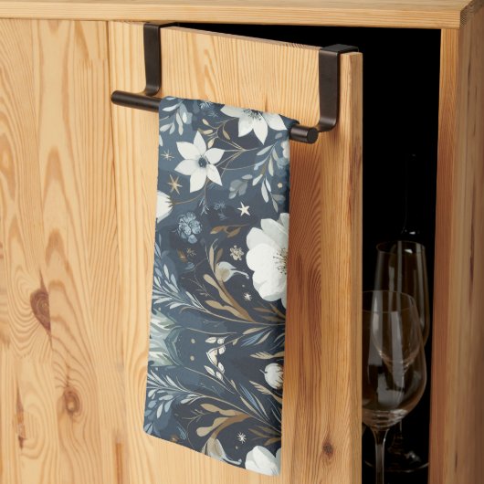 ミッドナイトガーデンドリーム – ネイビーブルーウォーターカラーフロール キッチンタオル (三つ折り)