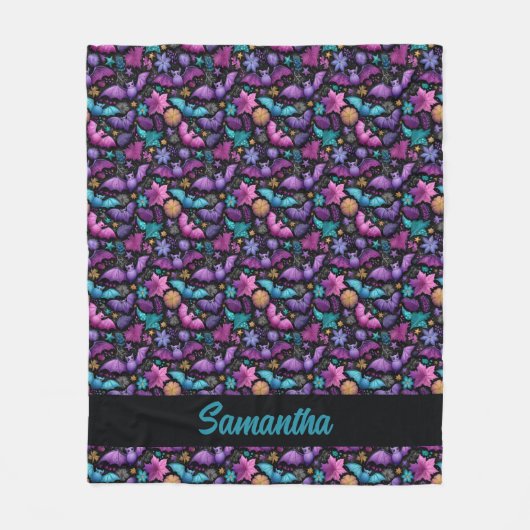 ミッドナイトガーデンハロウィーンこうもりと花模様 フリースブランケット (正面)