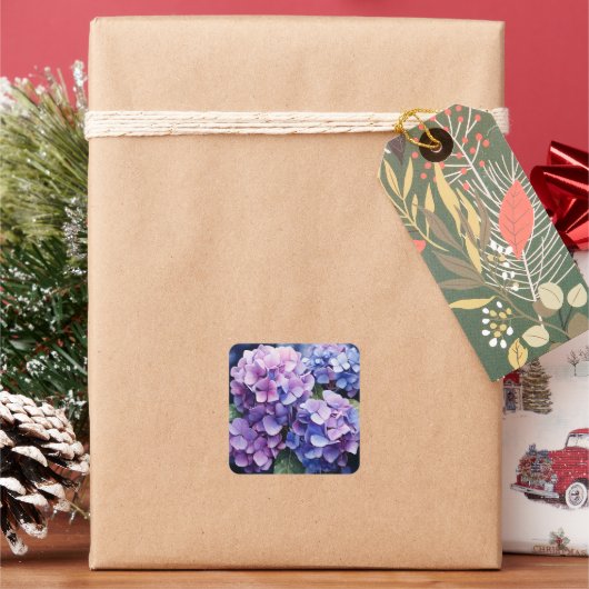 ミッドナイトガーデンバイオレットアジサイの水彩色 スクエアシール (クリスマス)