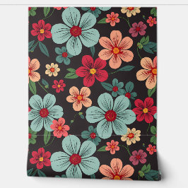 ミッドナイトガーデン開花:レトロフローラルパターン 壁紙