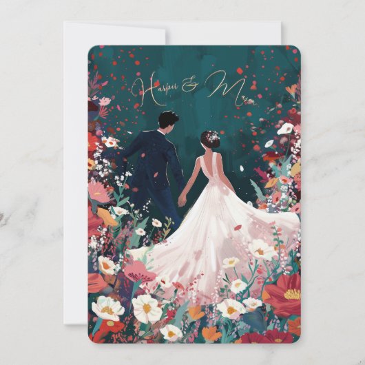 ミッドナイトガーデン – シックティール(緑がかった色)&コーラル結婚ズ 招待状 (正面)