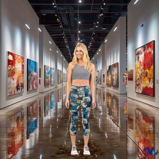 ミッドナイトガーデン：青いフローラパッチワークパターン カプリレギンス