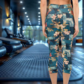 ミッドナイトガーデン：青いフローラパッチワークパターン カプリレギンス