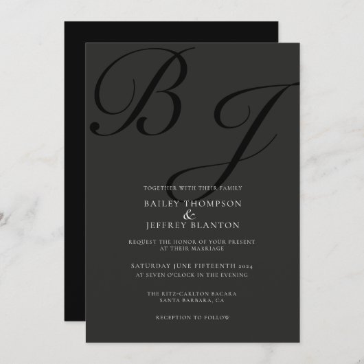 ミッドナイトクラシックモノグラムブラック結婚式招待状 招待状 (正面/裏面)