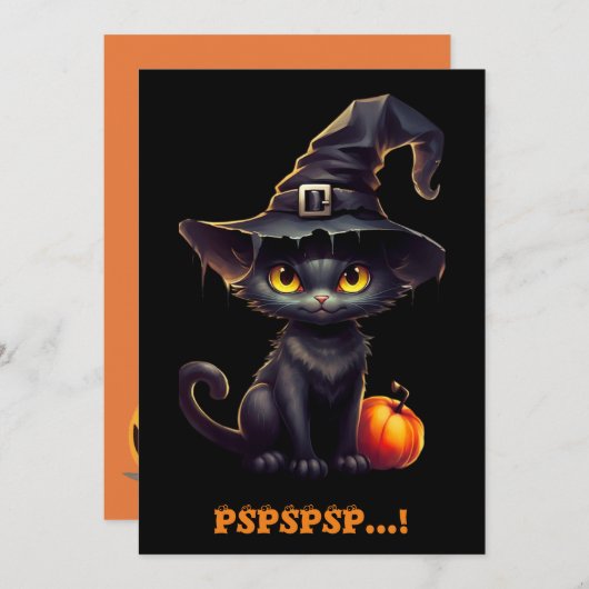 ミッドナイトザウィッチーブラックキャットハロウィーン招待状 (正面/裏面)