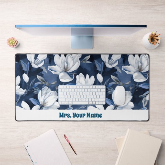 ミッドナイトシフォンのホワイトマグノリアパターン デスクマット (オフィス1)