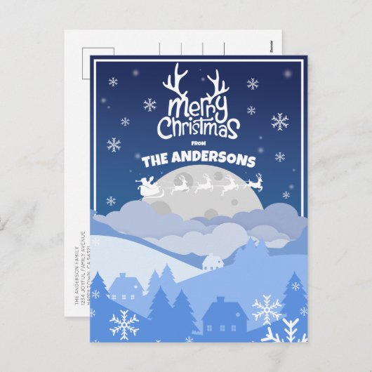 ミッドナイトスカイ飛んでいるでサンタそりとトナカイ シーズンポストカード (正面/裏面)