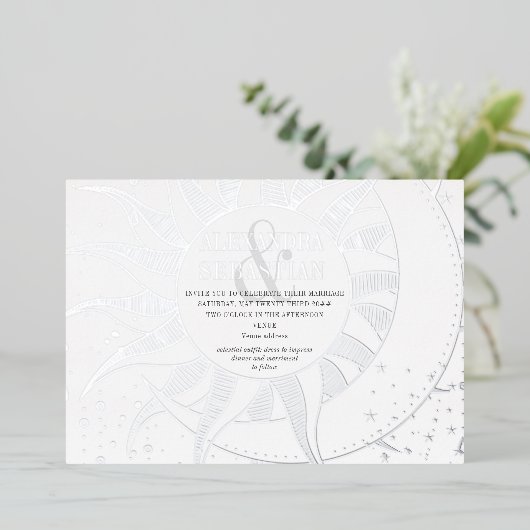 ミッドナイトスターズムーンサンシナ結婚スシルバー 箔招待状 (立ち正面)